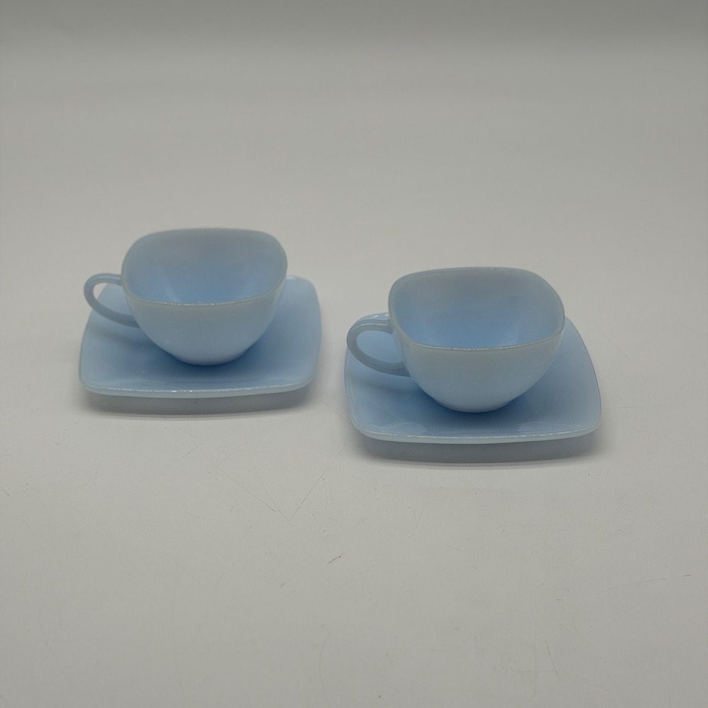 Vintage Fire-King Azure-ite Blue Milk Glass Cup and Saucer Set of 2 MCM
